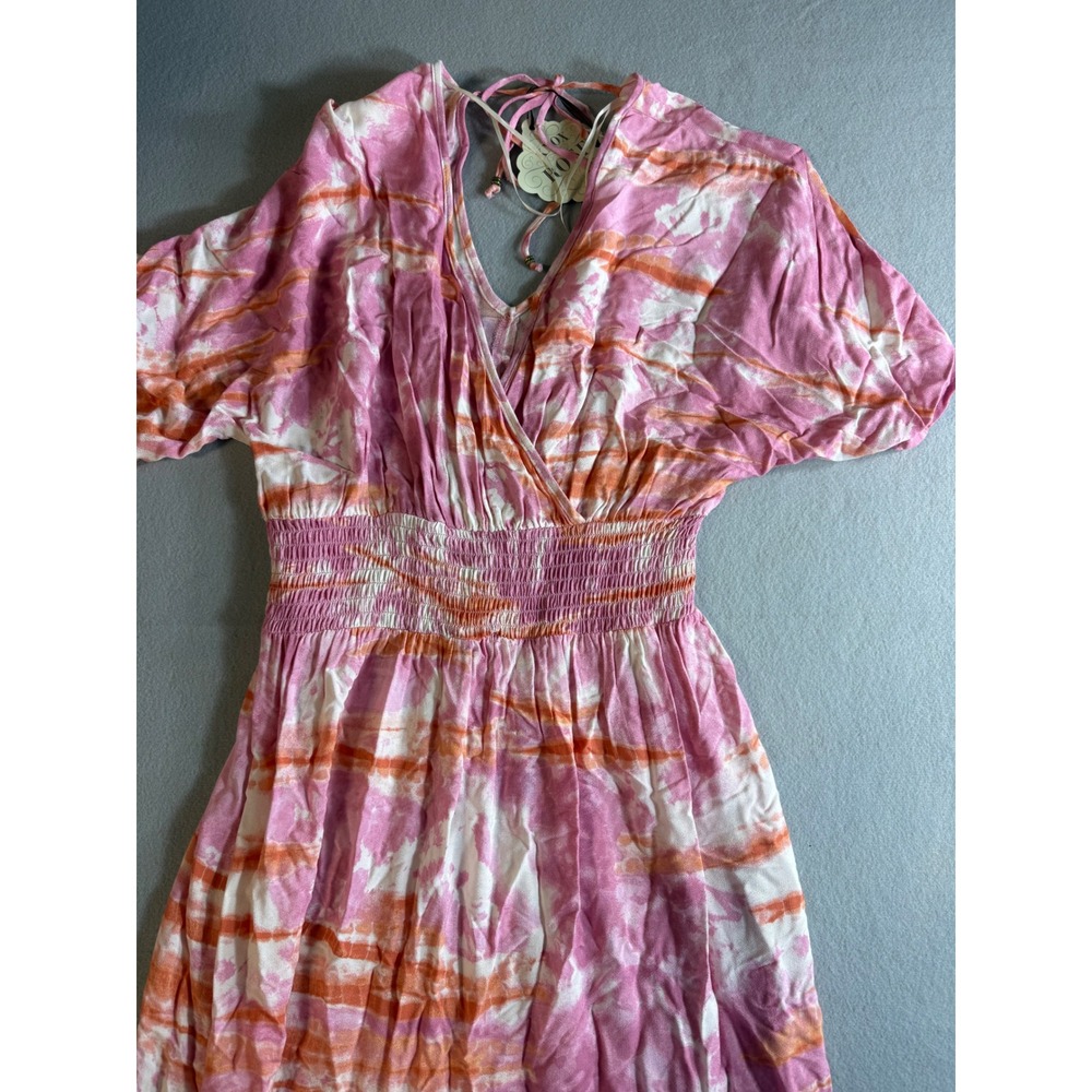 Knox Rose Pink Orange Tie Dye Maxi Dress Smocked Waist V-Neck Medium NWT